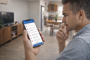 Homem olha preocupado para celular que exibe a calculadora do INSS.