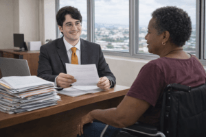 Advogado previdenciário atende mulher negra que deseja requerer a aposentadoria PCD. Na mesa, papelada.