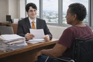 Advogado previdenciário atende mulher negra que deseja requerer a aposentadoria PCD. Na mesa, papelada.