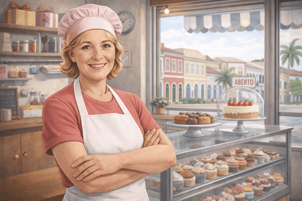 Uma pequena empreendedora de cerca de 50 anos se prepara para planejar a aposentadoria como MEI.