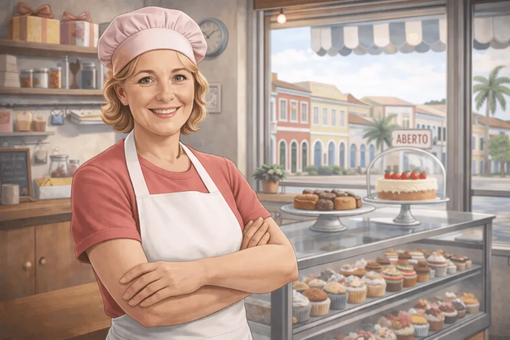 Uma pequena empreendedora de cerca de 50 anos se prepara para planejar a aposentadoria como MEI.