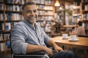 Homem, pessoa com deficiência, sorridente, representando a perspectiva da aposentadoria da pessoa com deficiência.