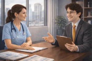 Advogado previdenciário especialista em planejamento atende médica em seu escritório.