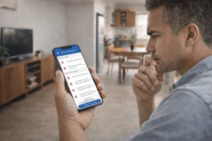 Homem olha preocupado para celular que exibe a calculadora do INSS.
