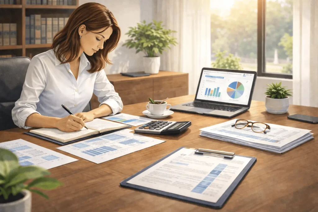 Mulher em escritório elaborando um planejamento previdenciário.