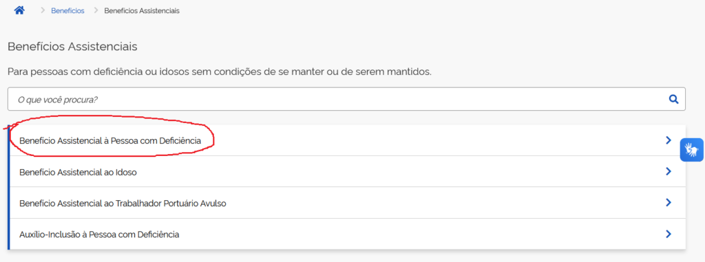 Imagem apontando o serviço de que estamos falando no artigo, no MeuINSS: Benefício Assistencial à Pessoa com Deficiência.